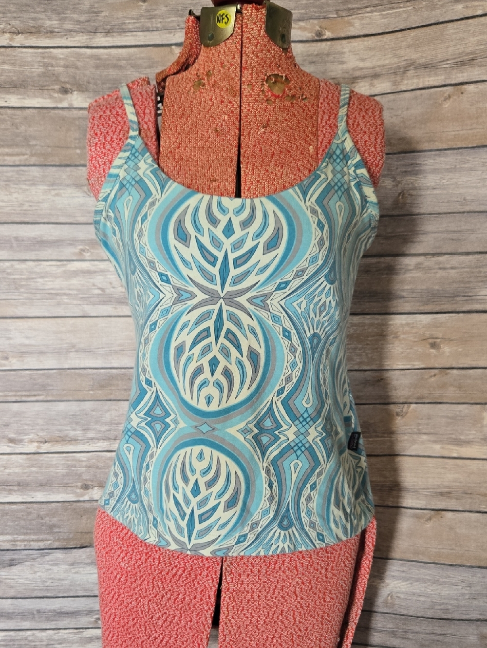 Blue Patterned Scoop Neck Tank Top